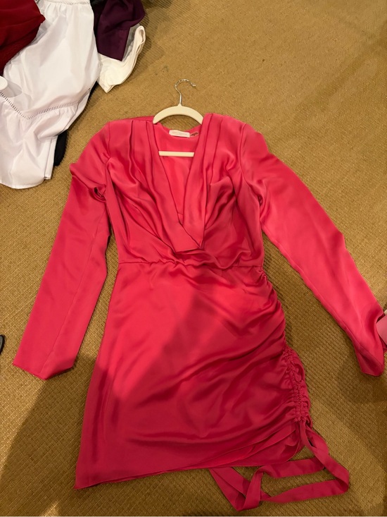 Ramy Brook Dresses & Skirts - Ramy Brook Hot Pink Long-Sleeve V-Neck Ruched Mini Dress